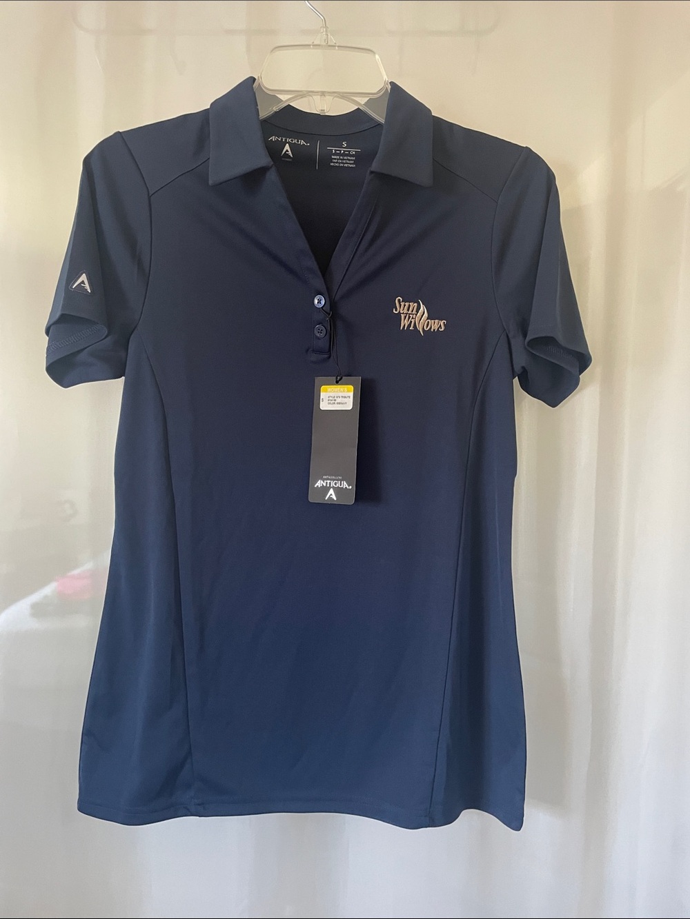 NWT Antigua Women's Navy Short-Sleeve Golf Polo with Sun Willows Logo size small